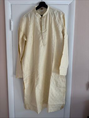 Manyavar Cream Men's Kurta with Subtle Diamond Weave